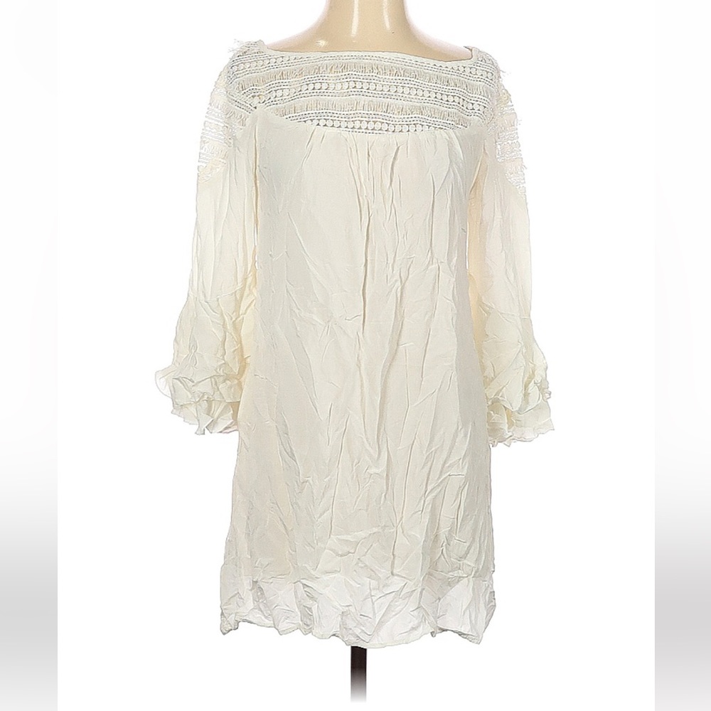 Chloah white crochet yoke top mini dress, 3/4 sleeve, boat neck, S